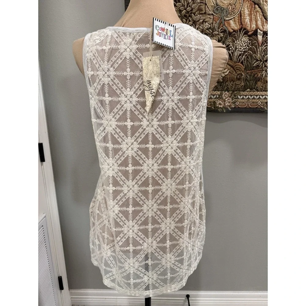 Mystree Tank Top Womens Small Gray Scoop Neck Lace Back Floral Embroidered Sheer